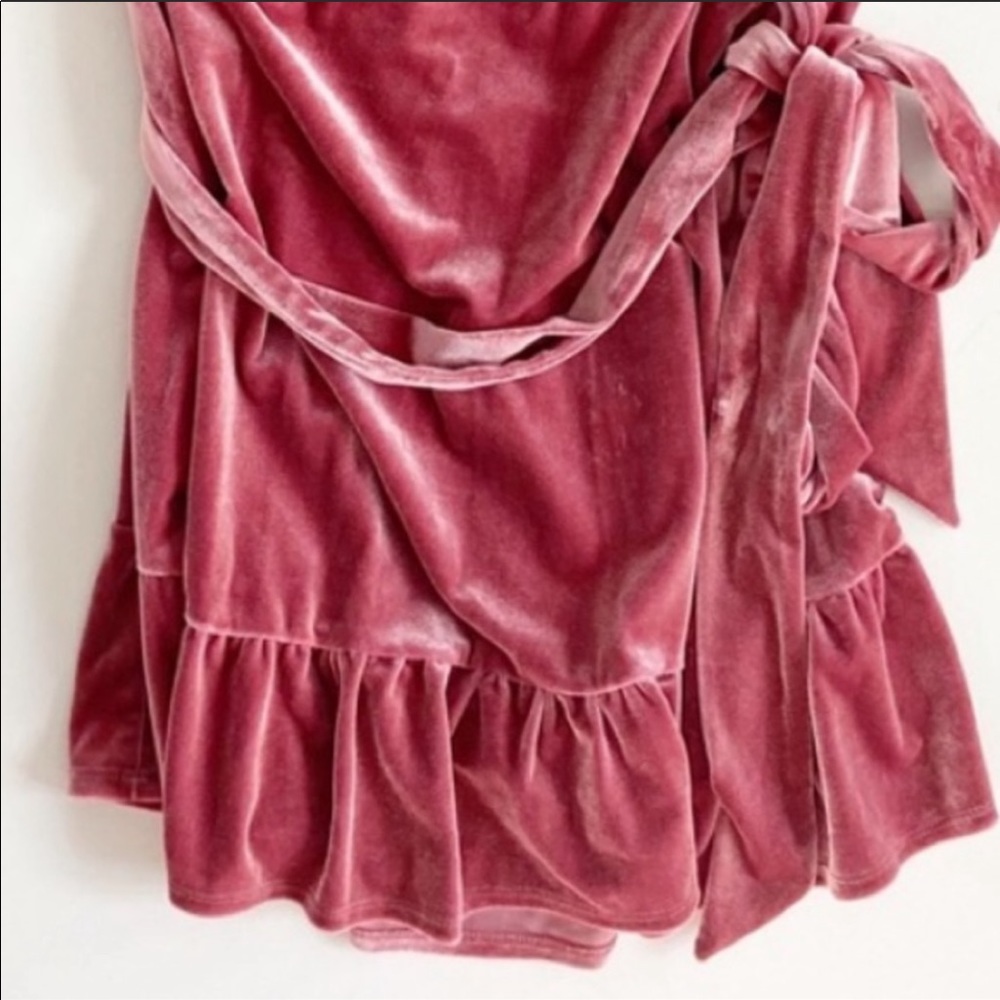 Pink Velvet Ruffle Flutter Wrap Dress - Picture 5 of 6